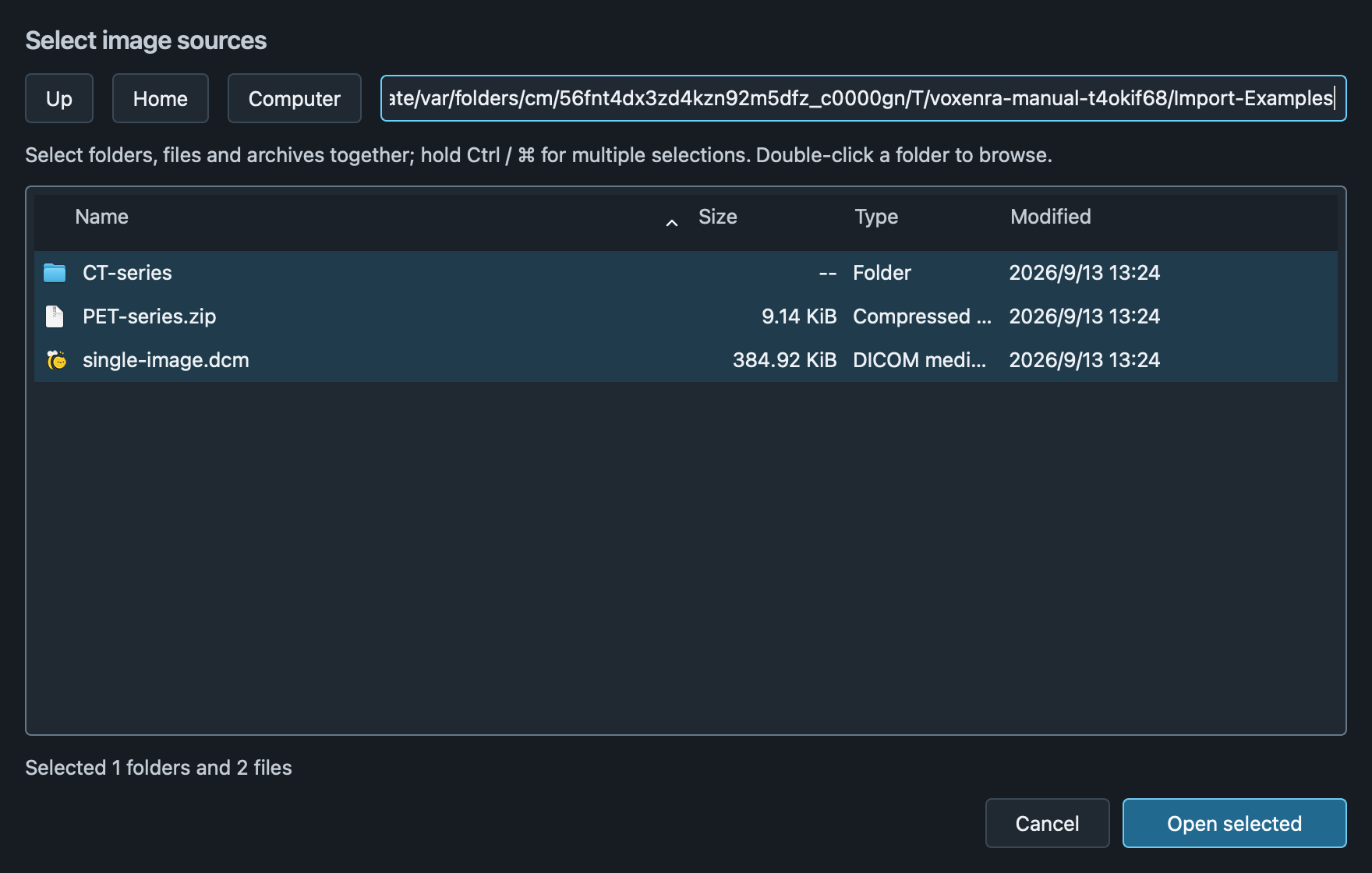 Folders, individual files and archives can be selected together.
